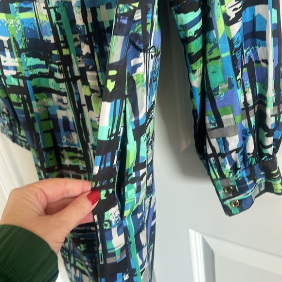 Leslie Fay Modest Long Sleeve Belted Duster Shirt Dress Abstract Geometric Sz 8 - Picture 7 of 10